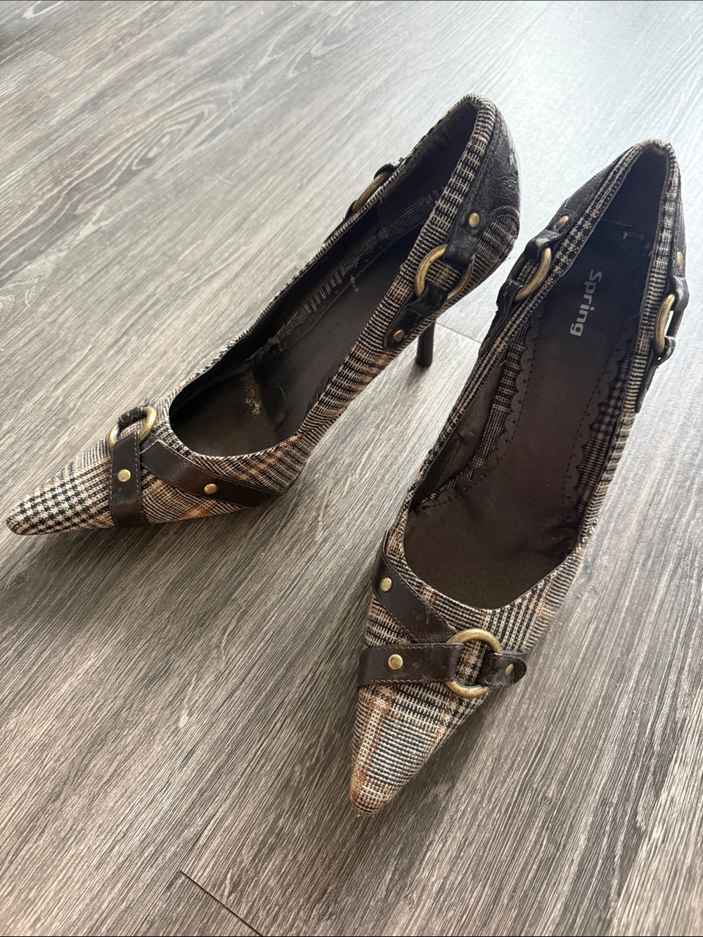 Plaid Pointed-Toe Buckle Pumps in Brown and Black by Spring